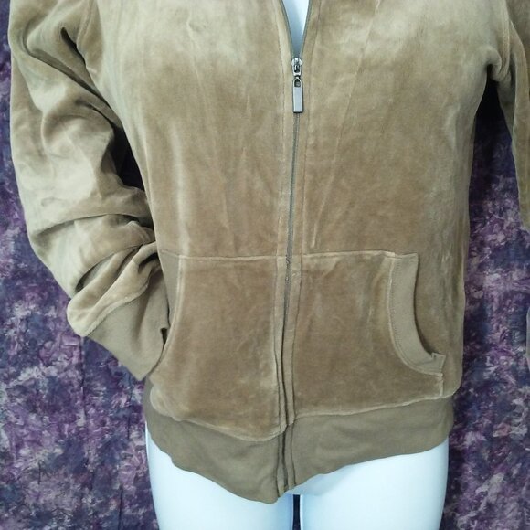 Vintage Y2K Plush &Lush Velour Hoodie Top Jacket Lady-M Zip Pockets Shimmer Tan - Picture 2 of 14